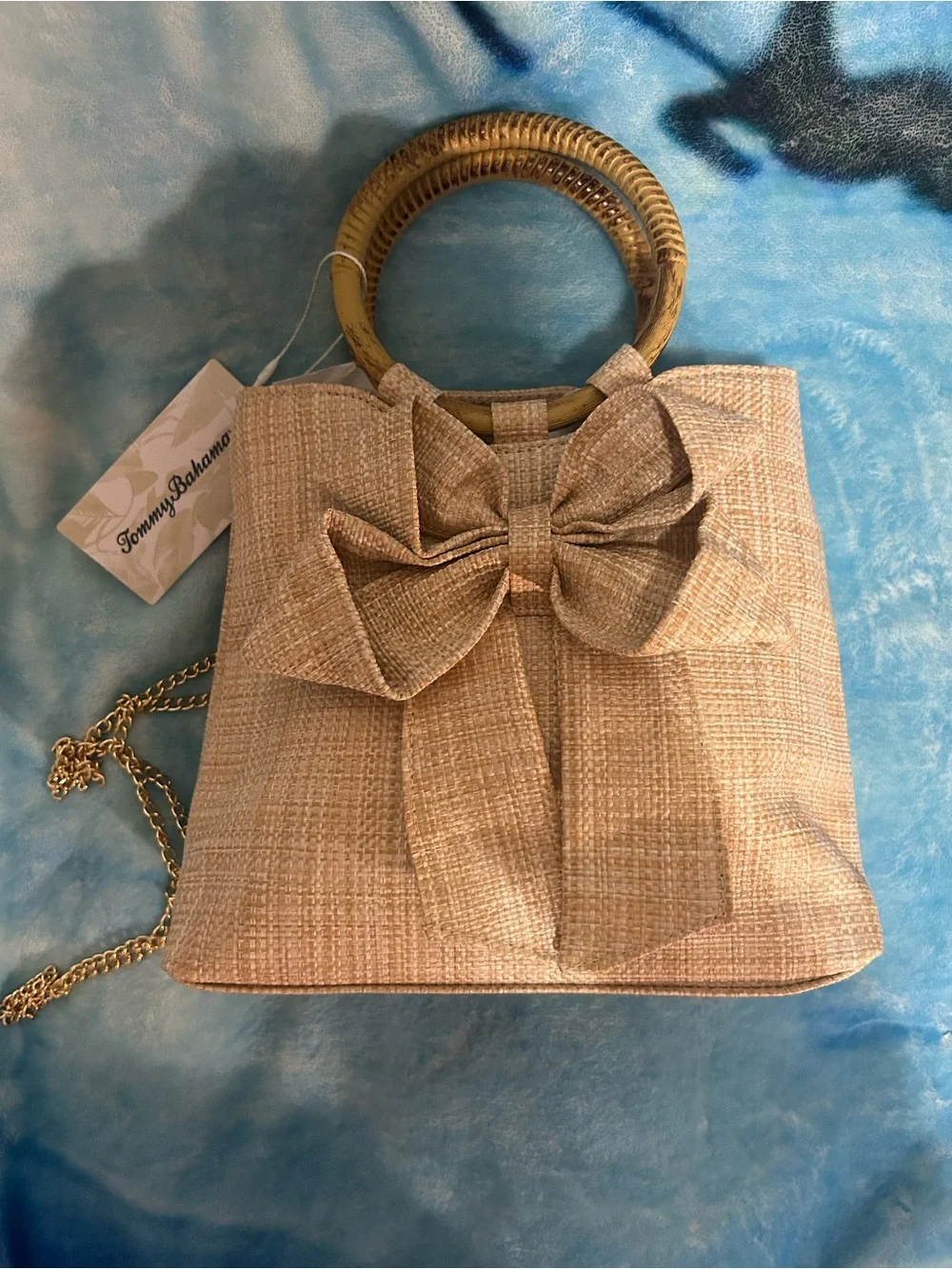 Tommy Bahama Bow Straw Bag Bamboo Handle Chain Crossbody NWT